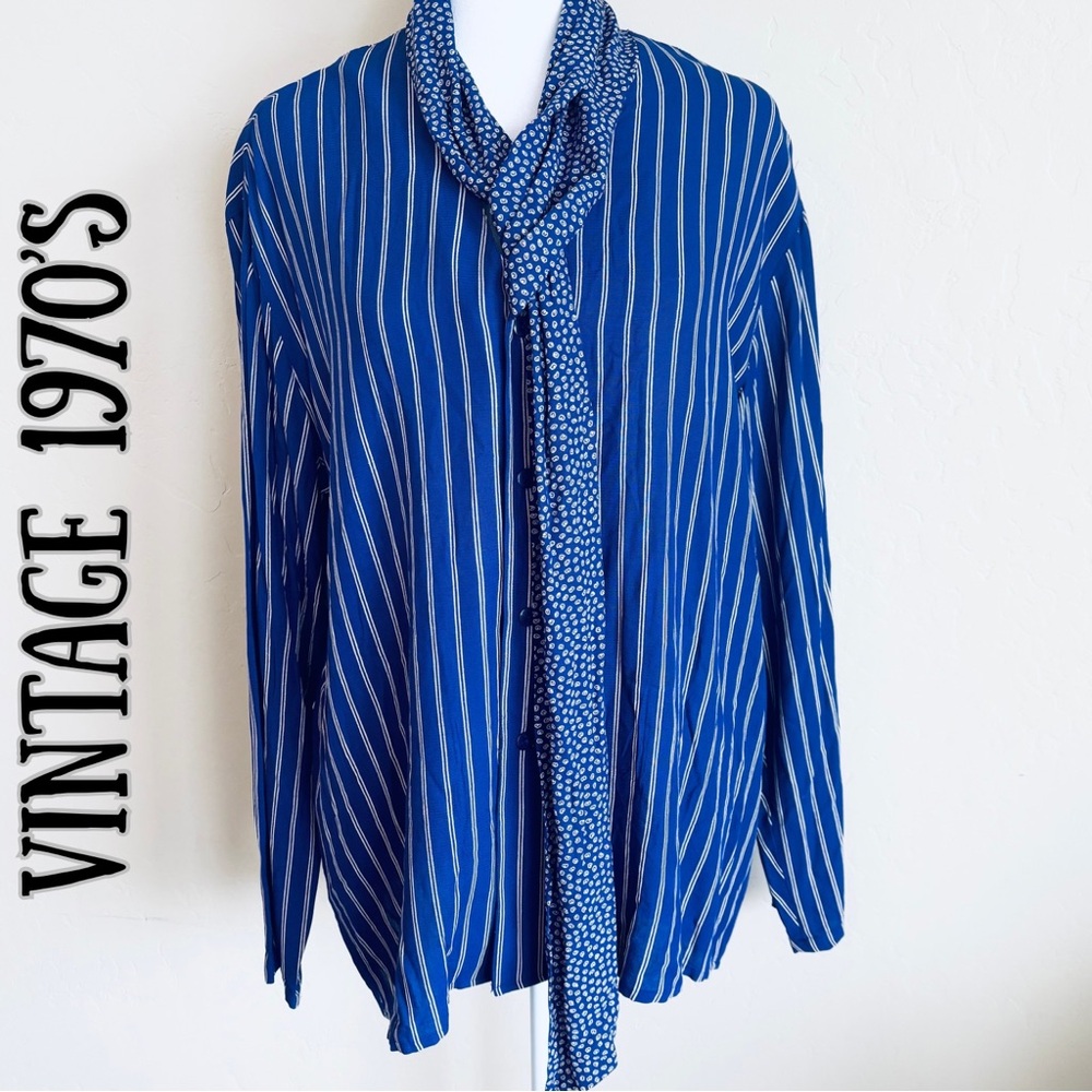 Vintage 1970’s Pussybow Necktie Blue & White Striped Button-down Shirt
